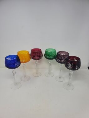 Colored Cut Glass Wine Goblets Set of 6 - Blue, Yellow, Red, Green, Amethyst